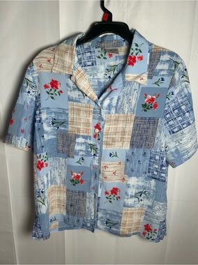 Allison Daley Blue Patchwork Floral Short-Sleeve Shirt In 12P